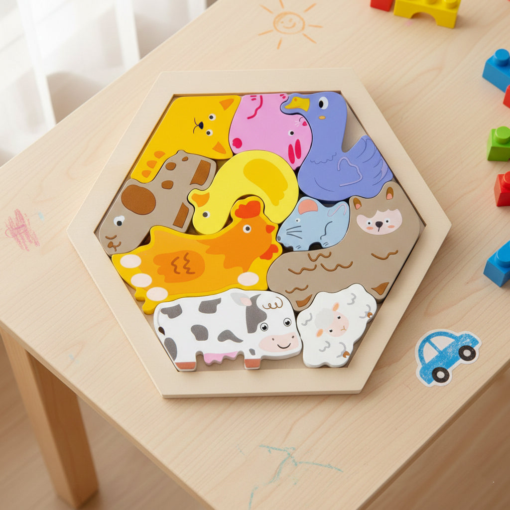 Wooden Hexagon Puzzle Toy for Kids – Montessori Educational Shape Puzzle for Brain Development