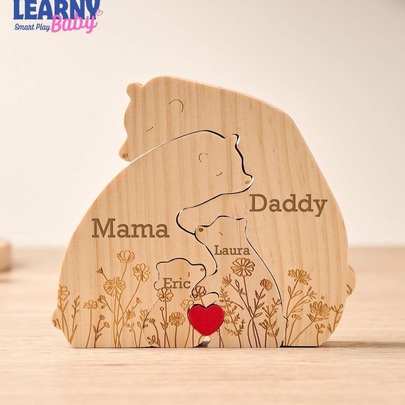 Personalized Wooden Bear Family Puzzle, Custom Engraved Name Puzzle for Family Home Décor, Family Keepsake, Hugging Bear Family, Baby puzzle