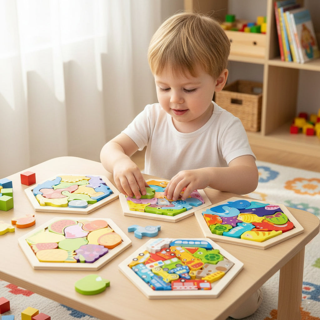 Wooden Hexagon Puzzle Toy for Kids – Montessori Educational Shape Puzzle for Brain Development