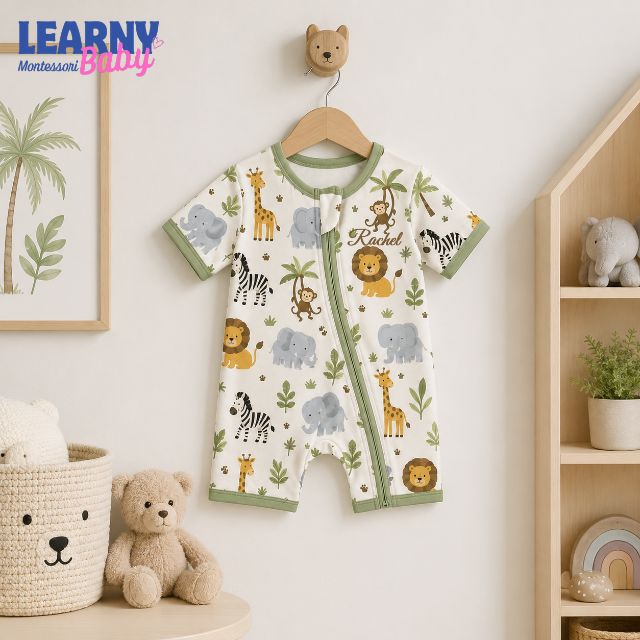 Safari Animals Baby Convertible Zippy Pajamas, Jungle Baby Sleeper, Newborn Pajamas, Toddler Sleepwear