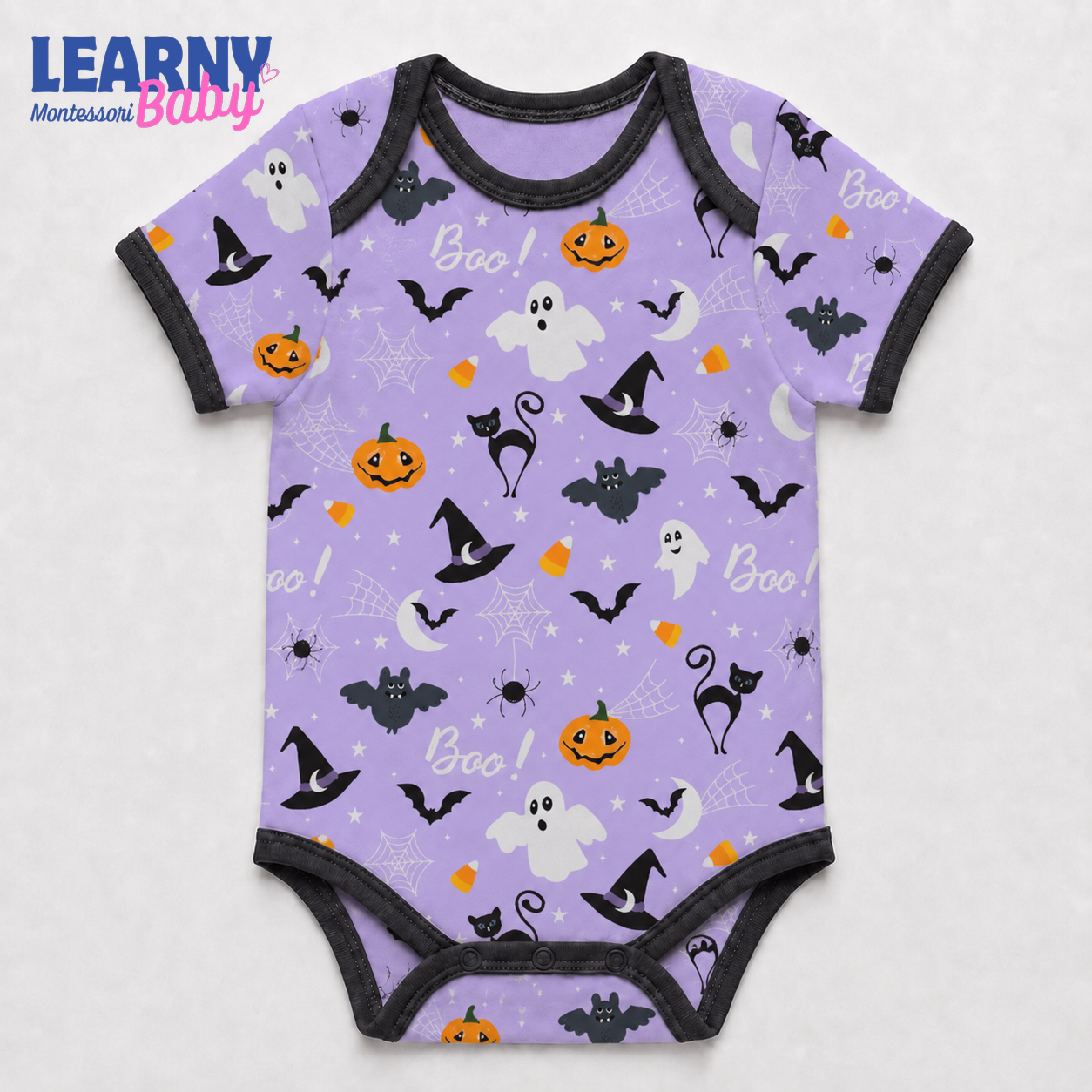 Baby’s First Halloween Purple Boo Baby Bodysuit – Cute Ghost, Black Cat & Pumpkin Outfit
