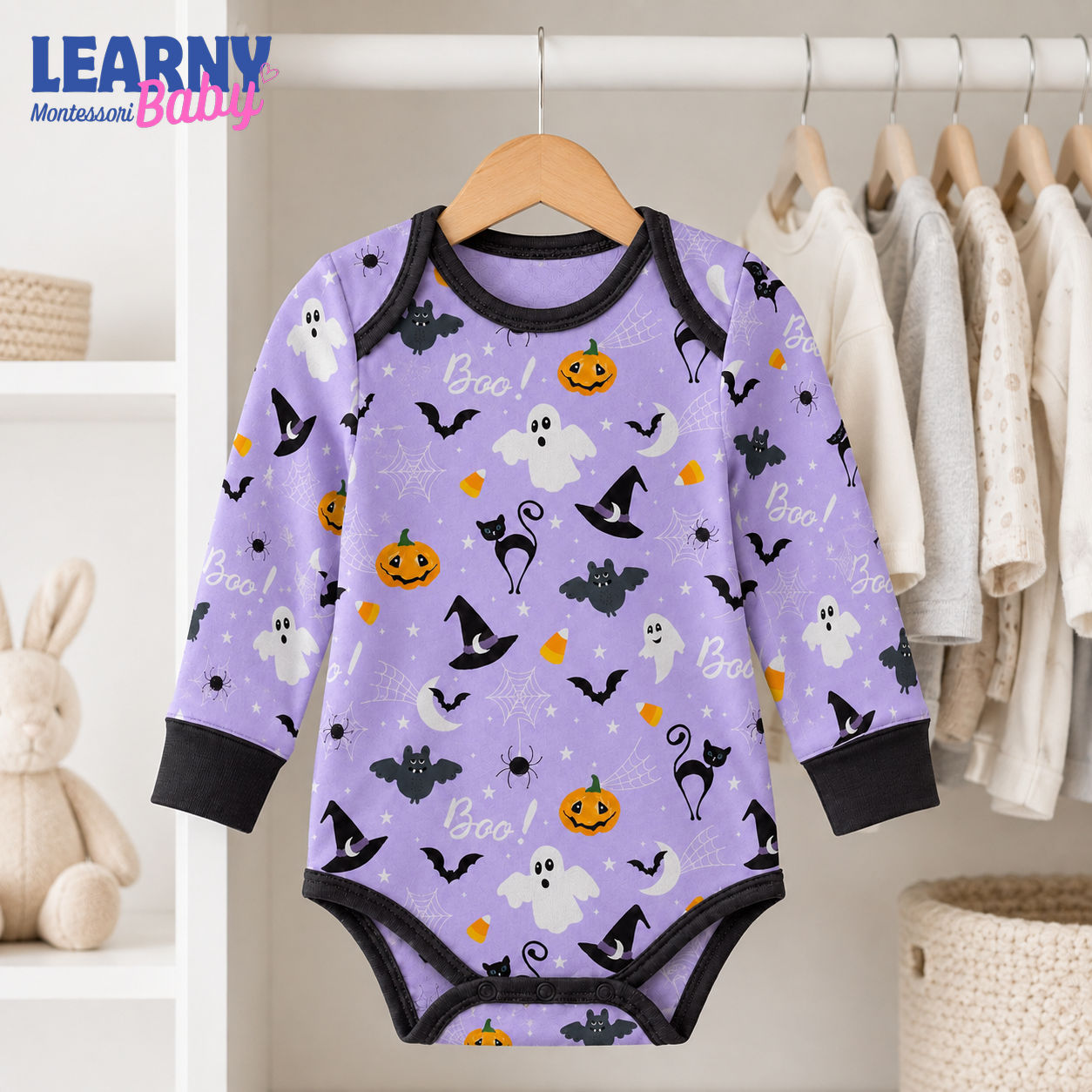 Baby’s First Halloween Purple Boo Baby Bodysuit – Cute Ghost, Black Cat & Pumpkin Outfit