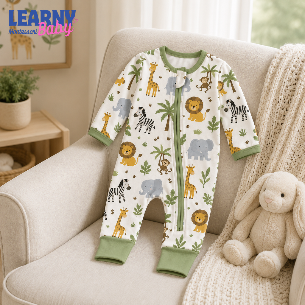 Safari Animals Baby Convertible Zippy Pajamas, Jungle Baby Sleeper, Newborn Pajamas, Toddler Sleepwear