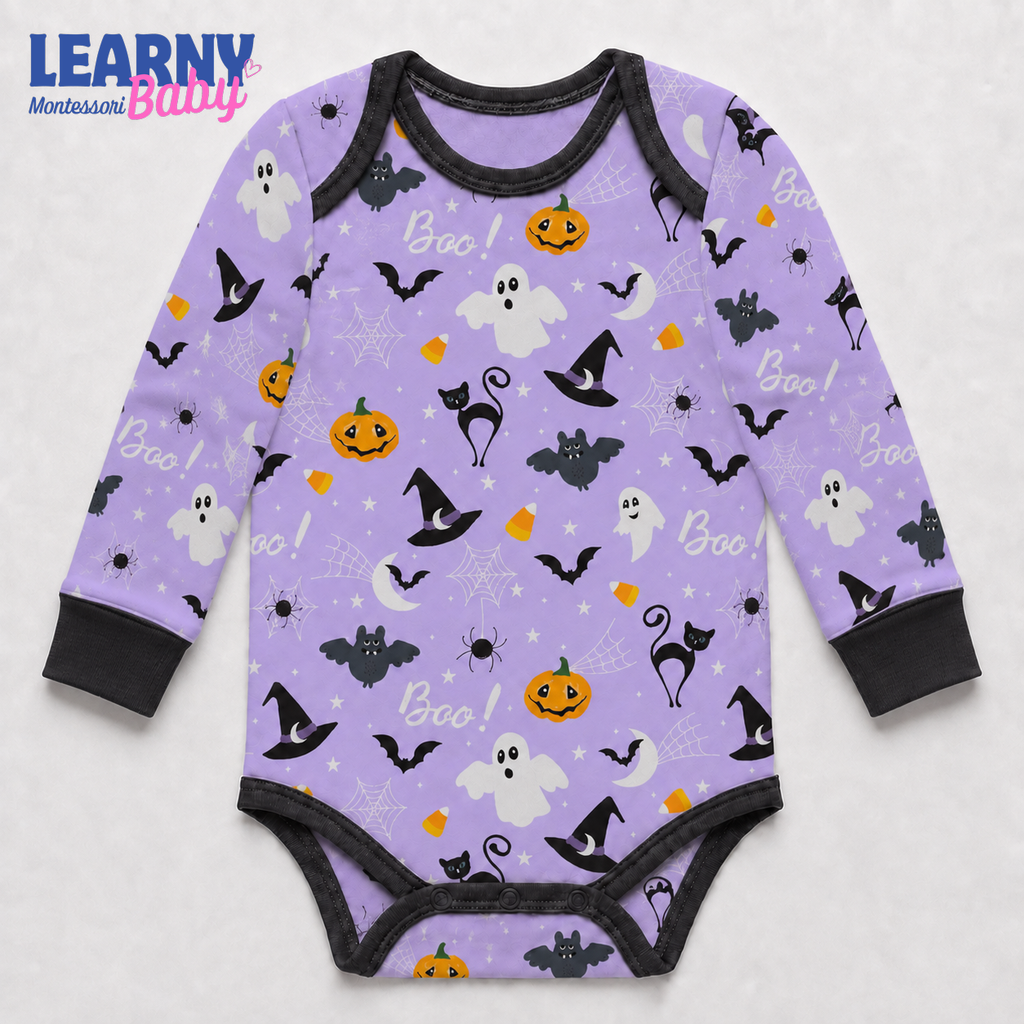 Baby’s First Halloween Purple Boo Baby Bodysuit – Cute Ghost, Black Cat & Pumpkin Outfit
