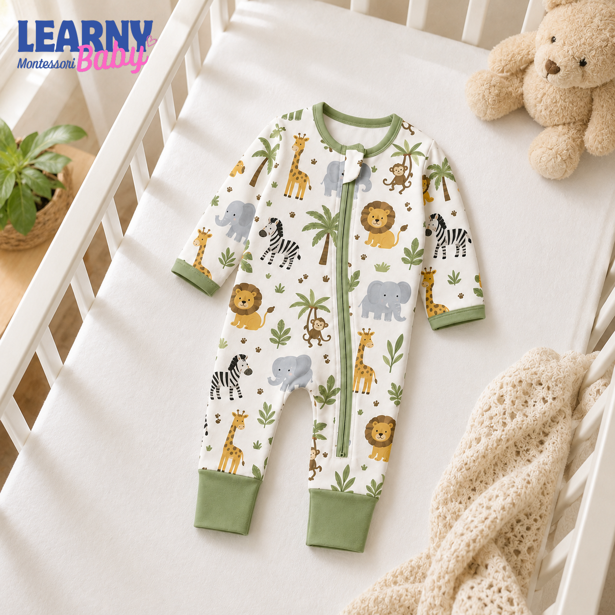Safari Animals Baby Convertible Zippy Pajamas, Jungle Baby Sleeper, Newborn Pajamas, Toddler Sleepwear
