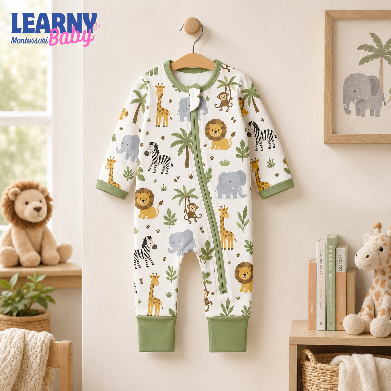 Safari Animals Baby Convertible Zippy Pajamas, Jungle Baby Sleeper, Newborn Pajamas, Toddler Sleepwear