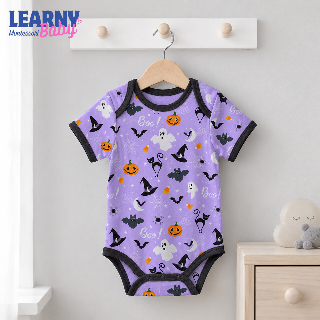 Baby’s First Halloween Purple Boo Baby Bodysuit – Cute Ghost, Black Cat & Pumpkin Outfit