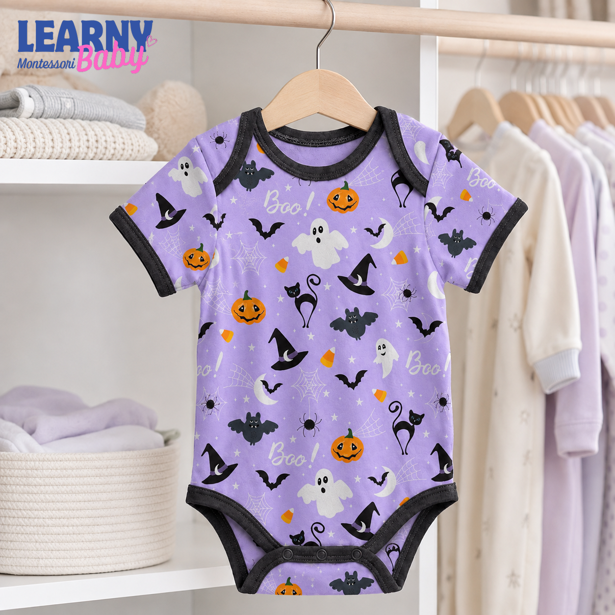 Baby’s First Halloween Purple Boo Baby Bodysuit – Cute Ghost, Black Cat & Pumpkin Outfit