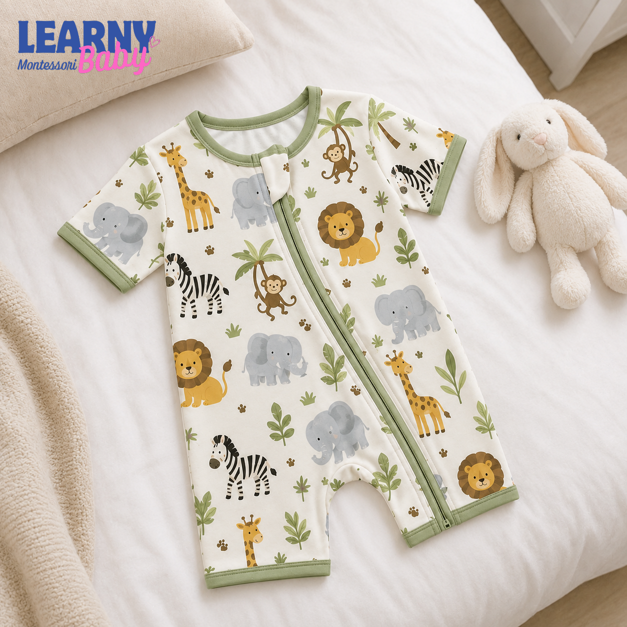 Safari Animals Baby Convertible Zippy Pajamas, Jungle Baby Sleeper, Newborn Pajamas, Toddler Sleepwear