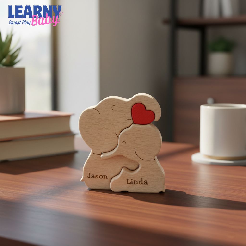 Wooden Elephant Family Puzzle, Animal Family Decor, New Mom Gift, Wedding Anniversary Gifts, Family Name Keepsake, Mother's Day Gift for Mom