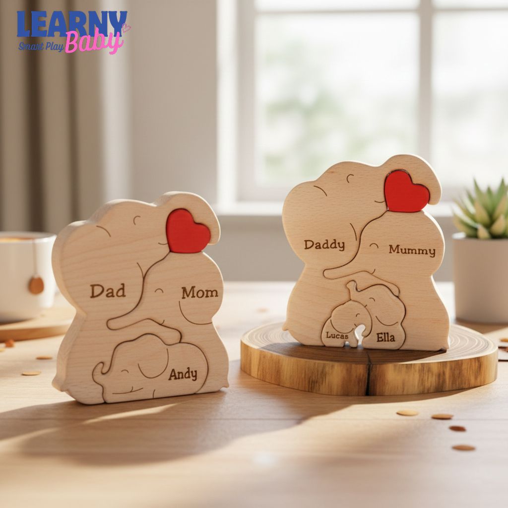 Wooden Elephant Family Puzzle, Animal Family Decor, New Mom Gift, Wedding Anniversary Gifts, Family Name Keepsake, Mother's Day Gift for Mom