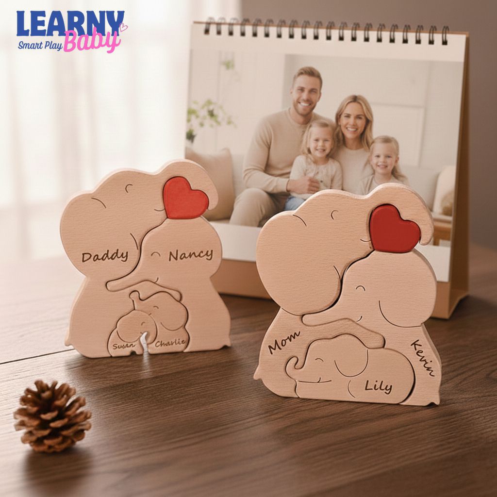 Wooden Elephant Family Puzzle, Animal Family Decor, New Mom Gift, Wedding Anniversary Gifts, Family Name Keepsake, Mother's Day Gift for Mom