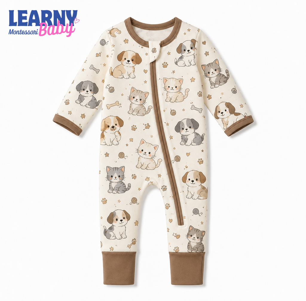 Puppy and Kitten Baby Convertible Zippy Pajamas, Pet Baby Sleeper, Newborn Pajamas, Toddler Sleepwear