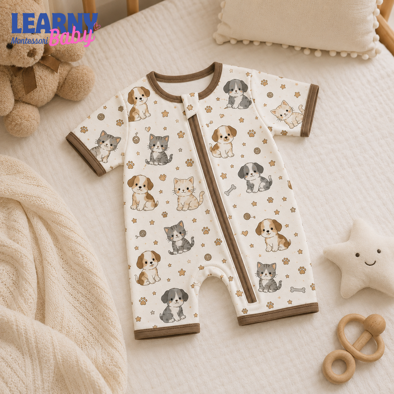 Puppy and Kitten Baby Convertible Zippy Pajamas, Pet Baby Sleeper, Newborn Pajamas, Toddler Sleepwear