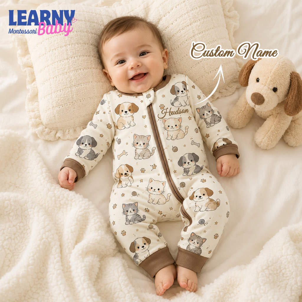 Puppy and Kitten Baby Convertible Zippy Pajamas, Pet Baby Sleeper, Newborn Pajamas, Toddler Sleepwear