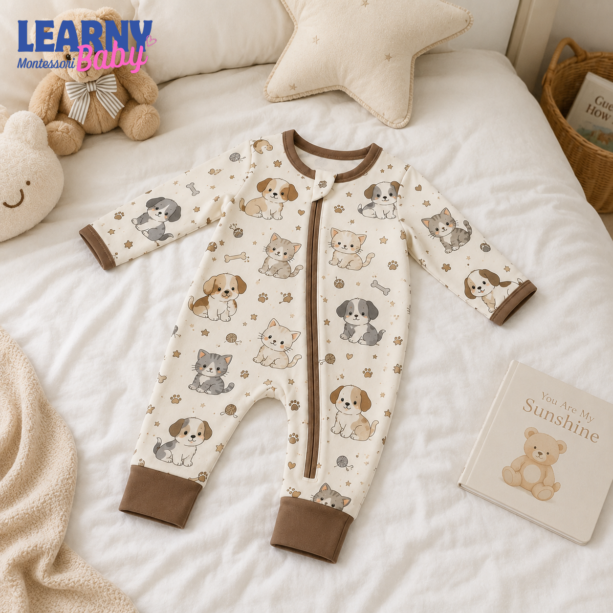 Puppy and Kitten Baby Convertible Zippy Pajamas, Pet Baby Sleeper, Newborn Pajamas, Toddler Sleepwear