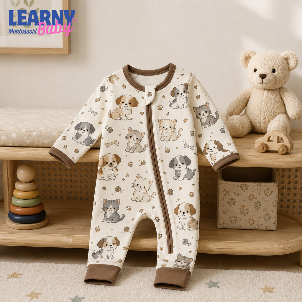 Puppy and Kitten Baby Convertible Zippy Pajamas, Pet Baby Sleeper, Newborn Pajamas, Toddler Sleepwear