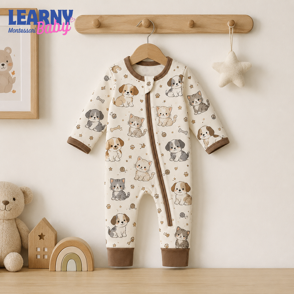 Puppy and Kitten Baby Convertible Zippy Pajamas, Pet Baby Sleeper, Newborn Pajamas, Toddler Sleepwear