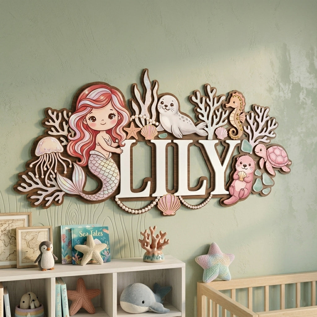 Baby Name Sign for Nursery, Mermaid Personalized Name Sign, Custom Nursery Name Sign, Wooden Name Sign for Nursery