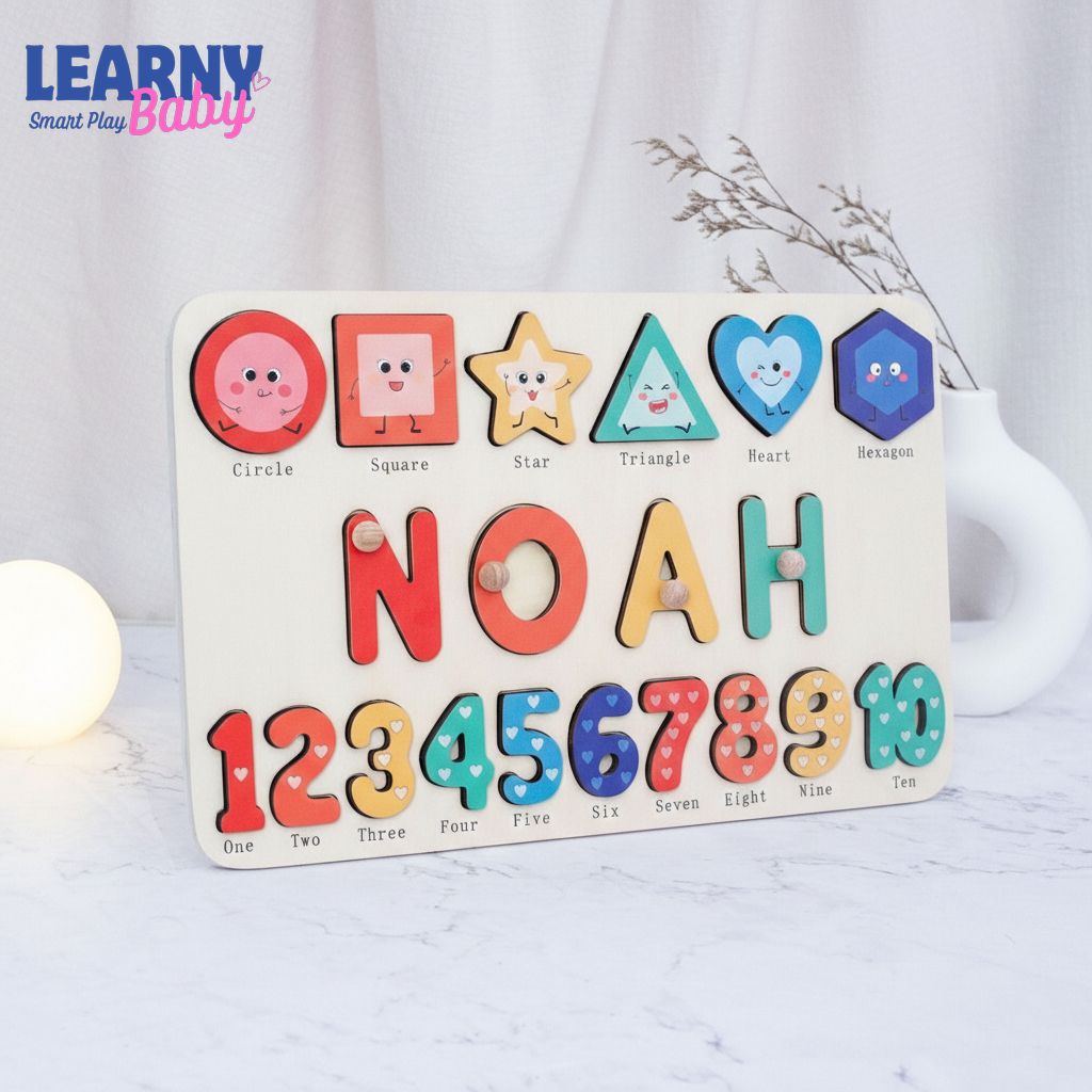 Wooden Busy Board with Geometric, Baby Name Puzzle, First Christmas Gift, Personalised baby gifts, Unique New Baby Gift BBLB14
