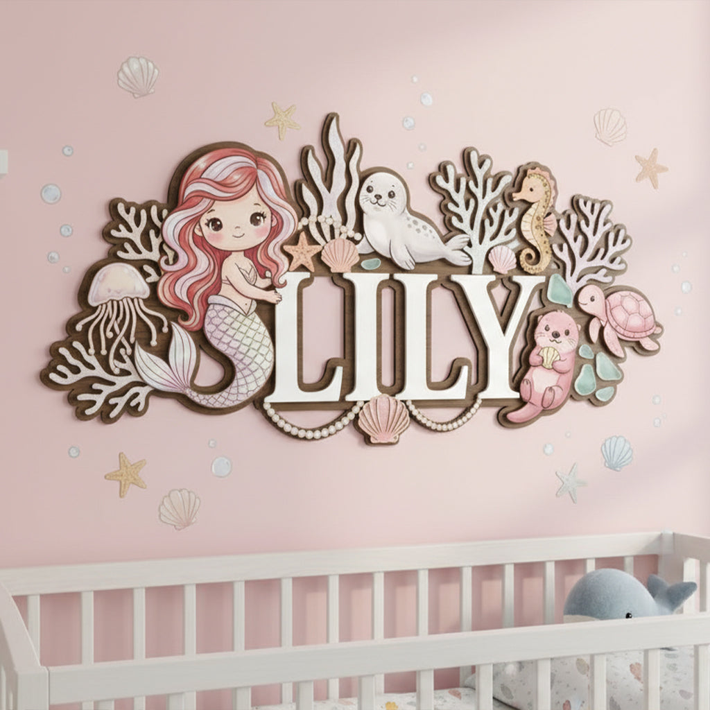 Baby Name Sign for Nursery, Mermaid Personalized Name Sign, Custom Nursery Name Sign, Wooden Name Sign for Nursery