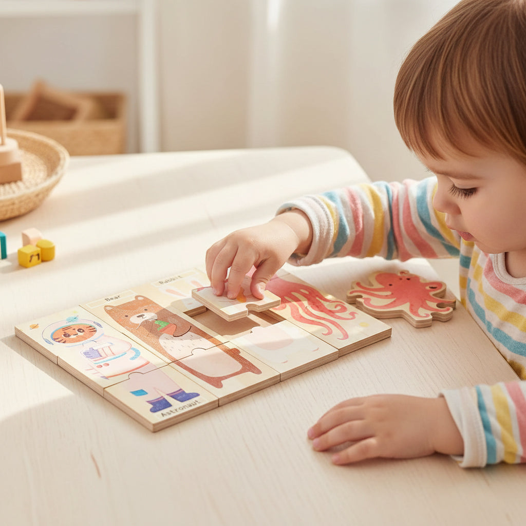 Montessori Wooden Rotating Animal Puzzle – Educational Logic Toy for Toddlers 2–5 Years