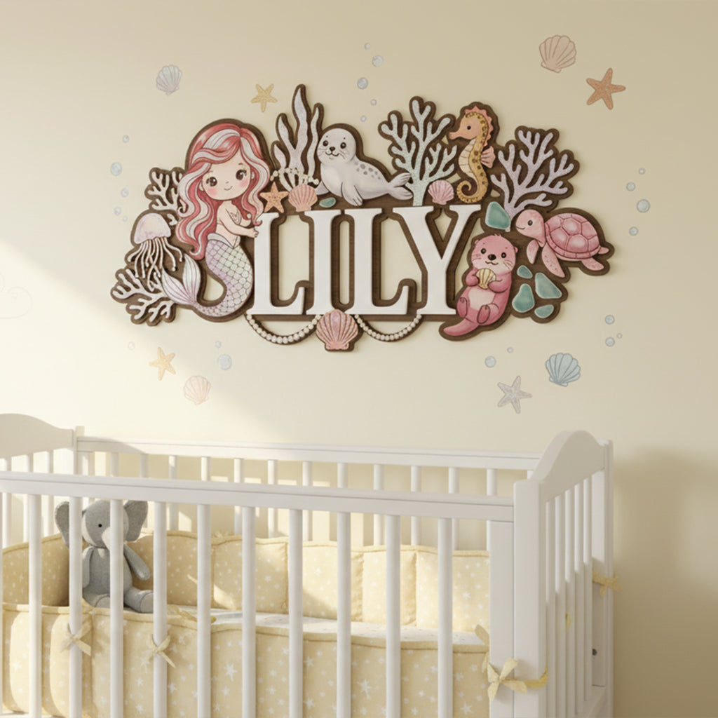 Baby Name Sign for Nursery, Mermaid Personalized Name Sign, Custom Nursery Name Sign, Wooden Name Sign for Nursery