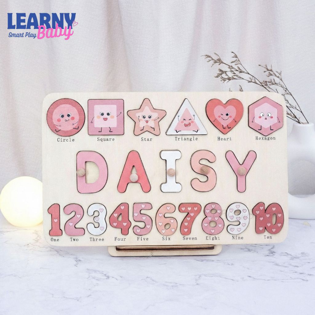 Wooden Busy Board with Geometric, Baby Name Puzzle, First Christmas Gift, Personalised baby gifts, Unique New Baby Gift BBLB14