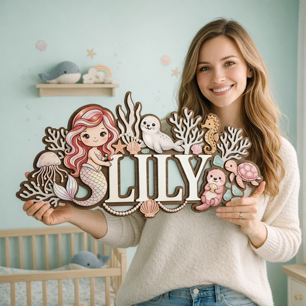 Baby Name Sign for Nursery, Mermaid Personalized Name Sign, Custom Nursery Name Sign, Wooden Name Sign for Nursery
