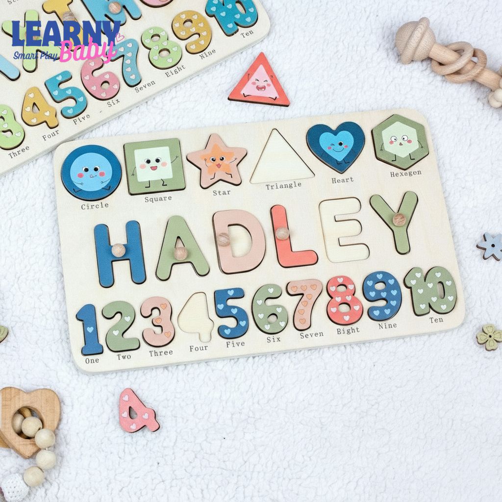Wooden Busy Board with Geometric, Baby Name Puzzle, First Christmas Gift, Personalised baby gifts, Unique New Baby Gift BBLB14