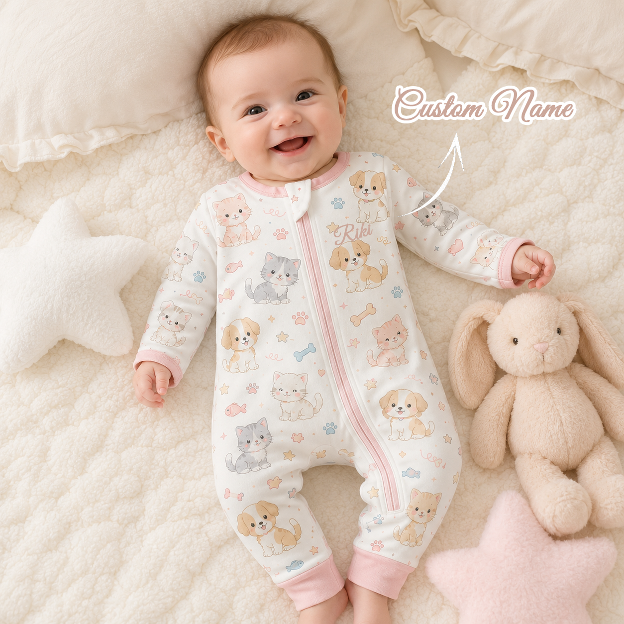 Pink Puppy and Kitten Short Sleeve Convertible Zippy Romper, Baby Shorty Pajamas, Summer Baby Romper, Newborn Sleepwear