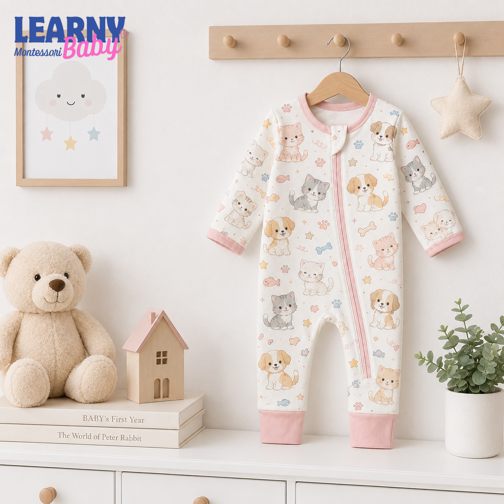 Pink Puppy and Kitten Short Sleeve Convertible Zippy Romper, Baby Shorty Pajamas, Summer Baby Romper, Newborn Sleepwear