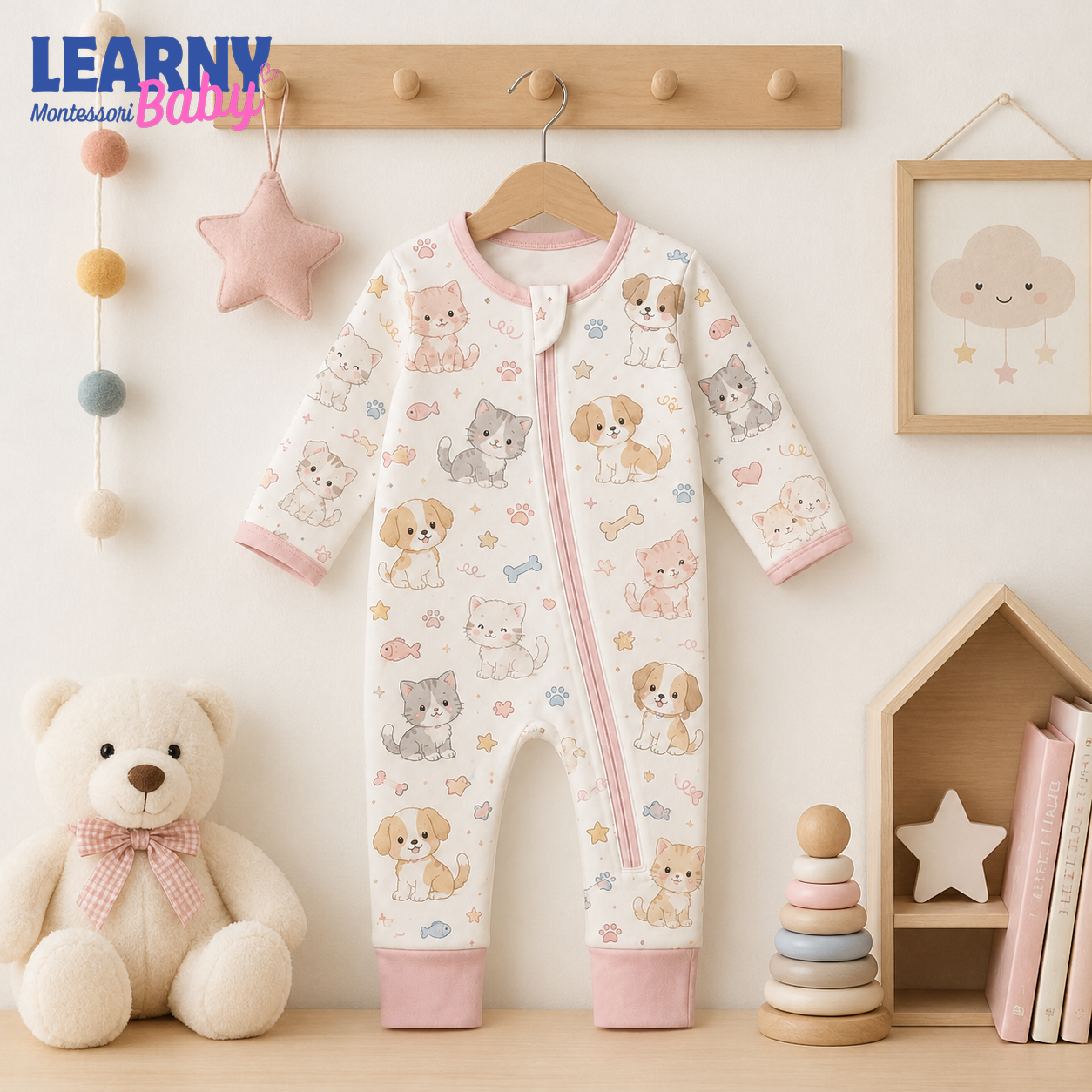 Pink Puppy and Kitten Short Sleeve Convertible Zippy Romper, Baby Shorty Pajamas, Summer Baby Romper, Newborn Sleepwear