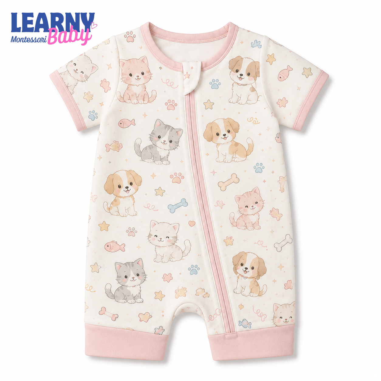 Pink Puppy and Kitten Short Sleeve Convertible Zippy Romper, Baby Shorty Pajamas, Summer Baby Romper, Newborn Sleepwear