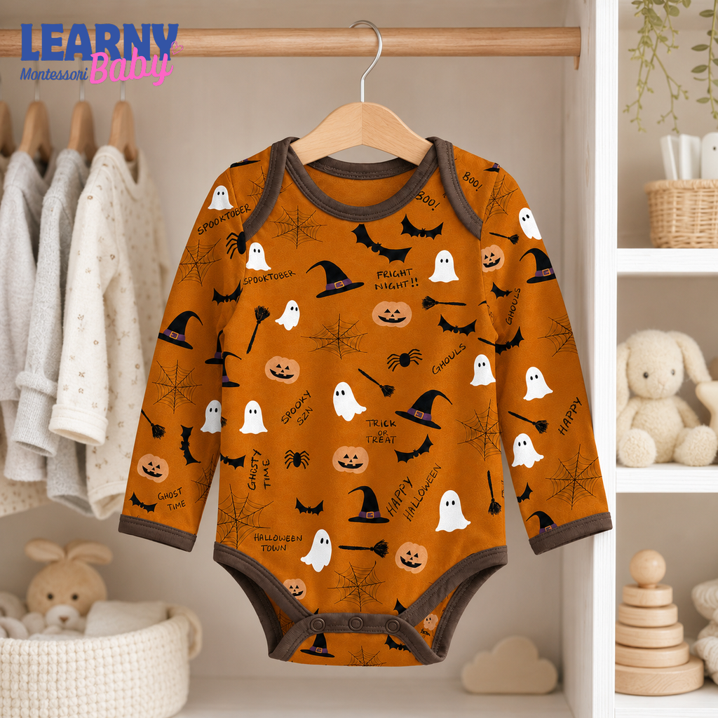 Baby’s First Halloween Orange Spooky Baby Bodysuit – Ghost and Pumpkin Newborn Outfit