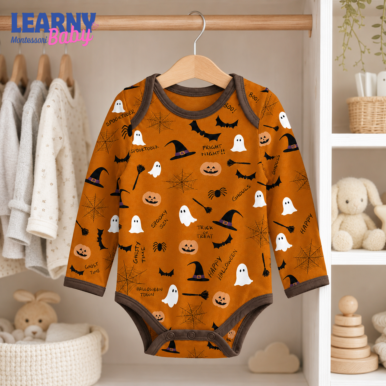 Baby’s First Halloween Orange Spooky Baby Bodysuit – Ghost and Pumpkin Newborn Outfit