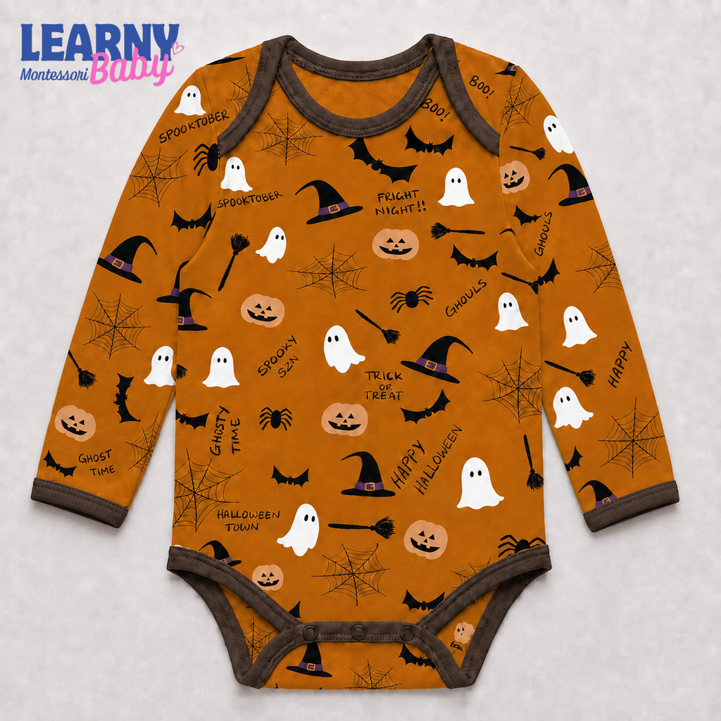 Baby’s First Halloween Orange Spooky Baby Bodysuit – Ghost and Pumpkin Newborn Outfit