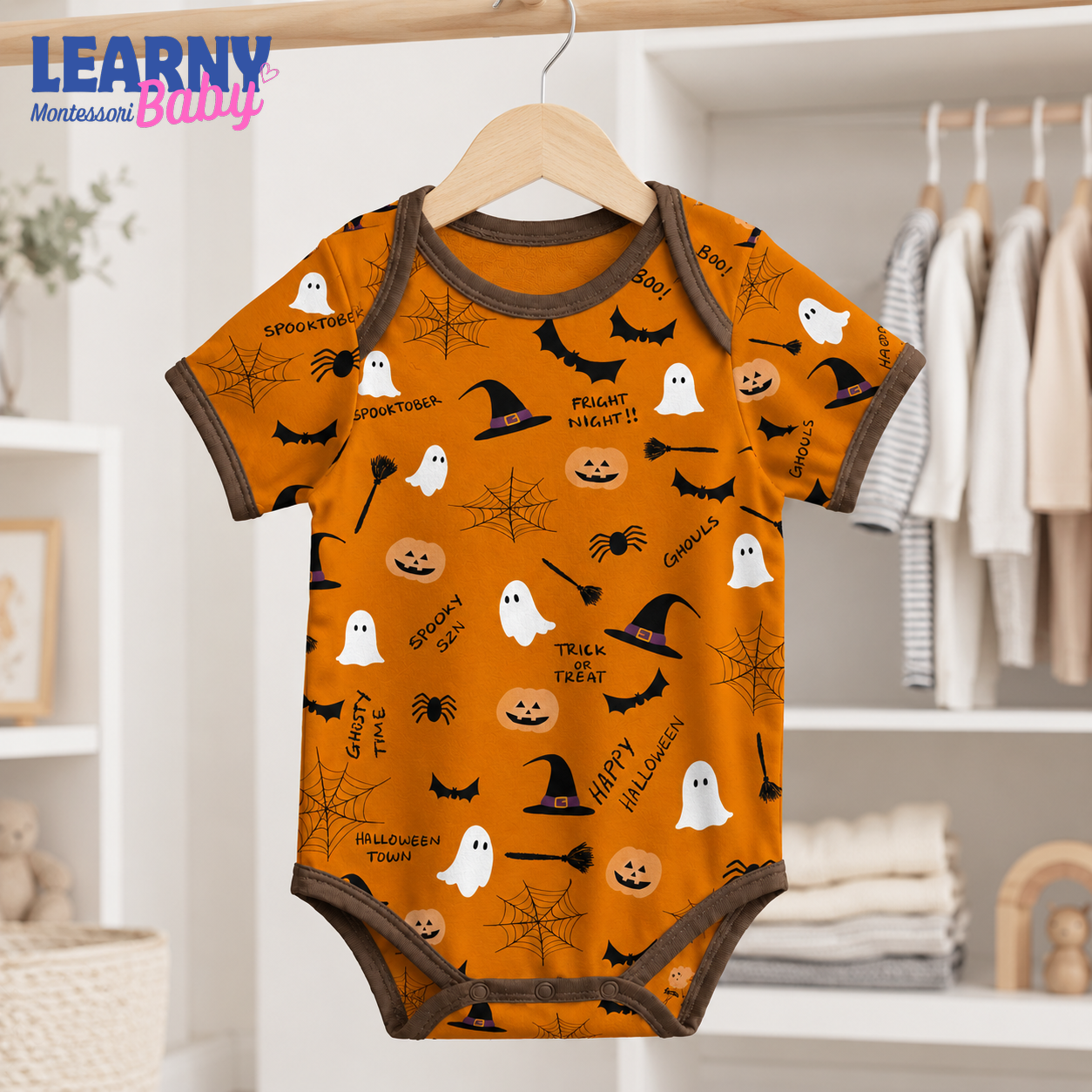 Baby’s First Halloween Orange Spooky Baby Bodysuit – Ghost and Pumpkin Newborn Outfit