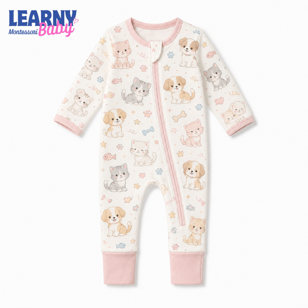 Pink Puppy and Kitten Short Sleeve Convertible Zippy Romper, Baby Shorty Pajamas, Summer Baby Romper, Newborn Sleepwear