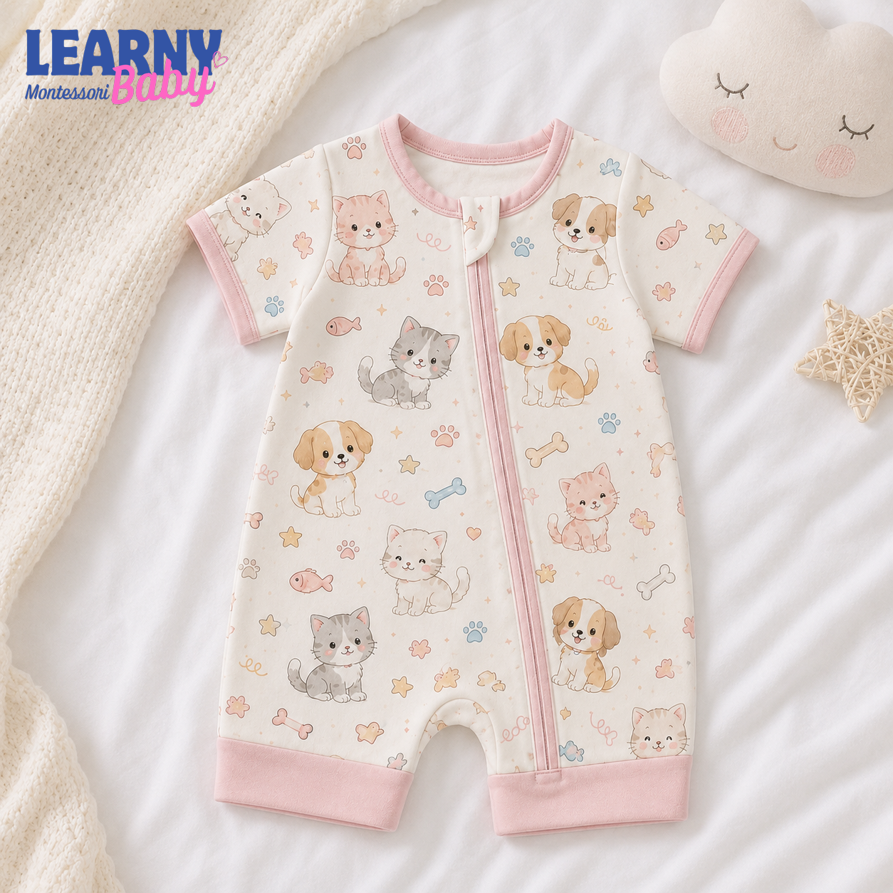 Pink Puppy and Kitten Short Sleeve Convertible Zippy Romper, Baby Shorty Pajamas, Summer Baby Romper, Newborn Sleepwear