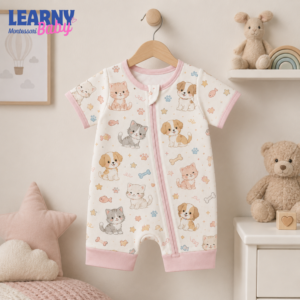Pink Puppy and Kitten Short Sleeve Convertible Zippy Romper, Baby Shorty Pajamas, Summer Baby Romper, Newborn Sleepwear