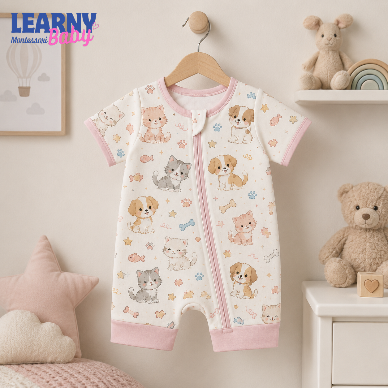 Pink Puppy and Kitten Short Sleeve Convertible Zippy Romper, Baby Shorty Pajamas, Summer Baby Romper, Newborn Sleepwear