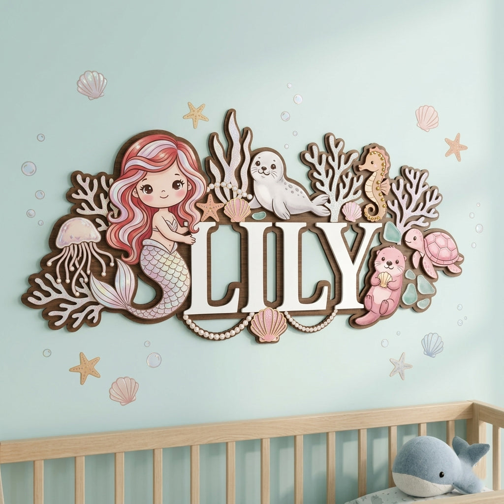 Baby Name Sign for Nursery, Mermaid Personalized Name Sign, Custom Nursery Name Sign, Wooden Name Sign for Nursery
