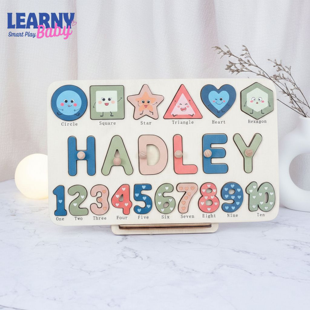 Wooden Busy Board with Geometric, Baby Name Puzzle, First Christmas Gift, Personalised baby gifts, Unique New Baby Gift BBLB14