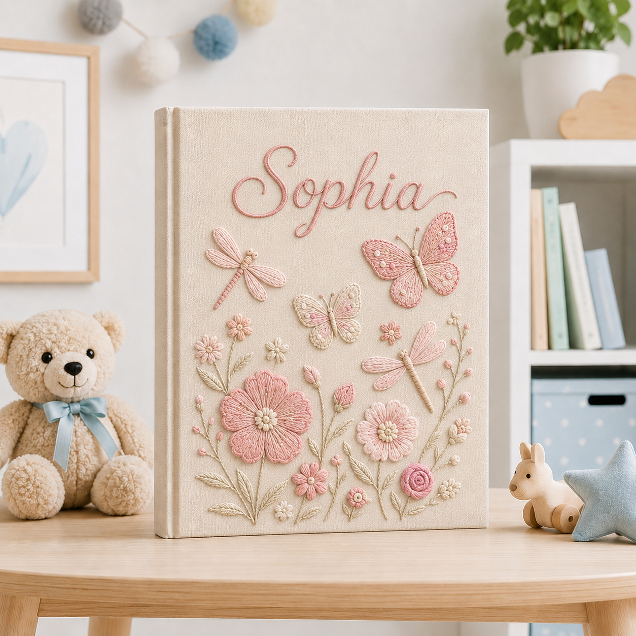 Custom Hand Embroidered Floral Baby Photo Album, Personalized Butterfly Keepsake Album with Sleeves, Linen Memory Book, Newborn Gift EPLB07