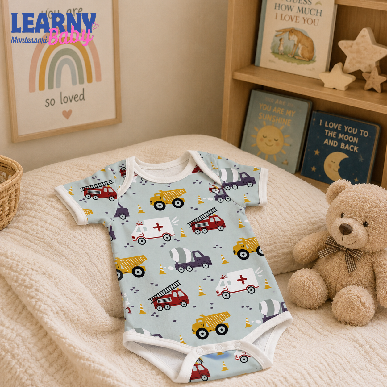Bamboo Baby Bodysuit, Personalized Construction Vehicle Baby Onesie, Soft Bamboo Viscose Infant Bodysuit