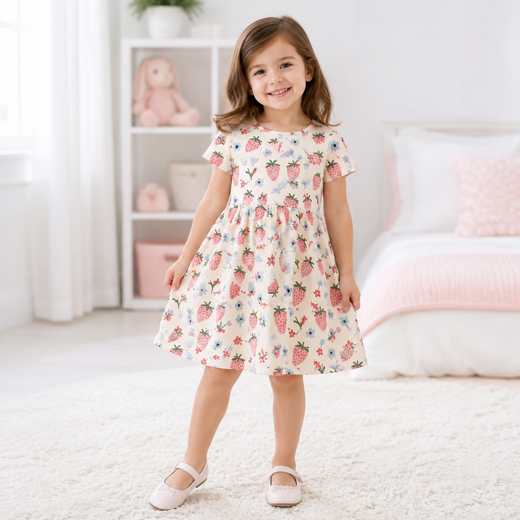Strawberry Garden Bamboo Twirl Dress for Girls – Soft Short Sleeve Skater Dress