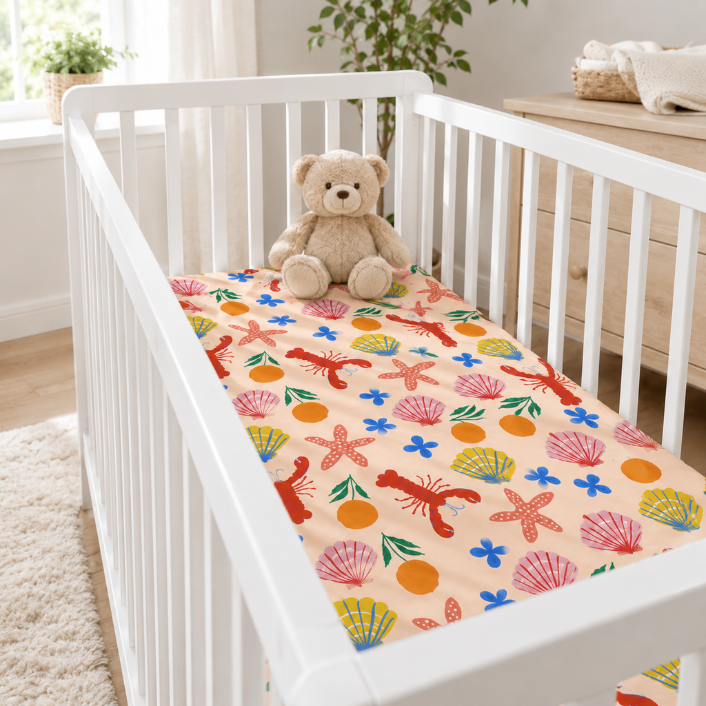 Coastal Lobster & Seashell Bamboo Fitted Crib Sheet – Beach Nursery Bedding