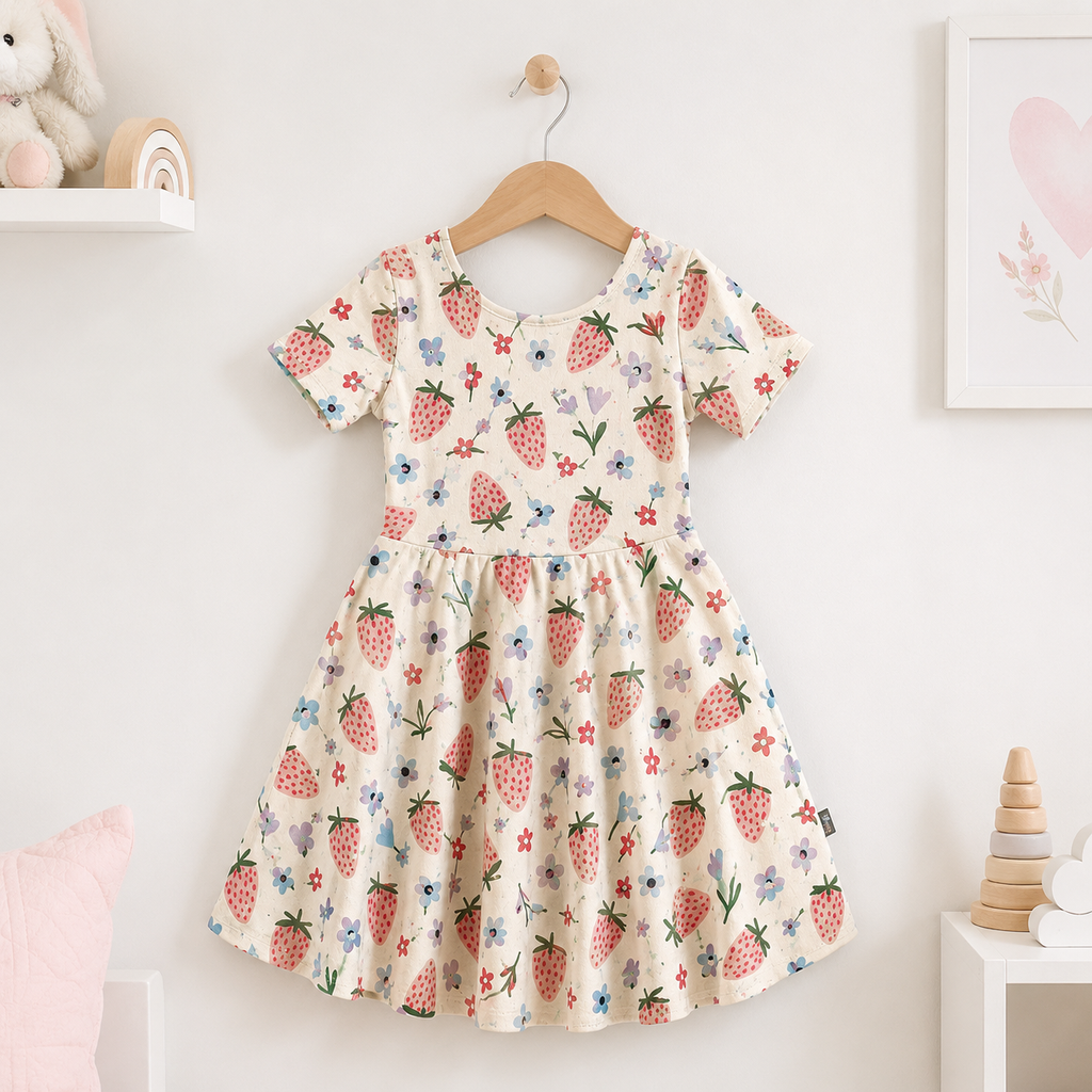 Strawberry Garden Bamboo Twirl Dress for Girls – Soft Short Sleeve Skater Dress