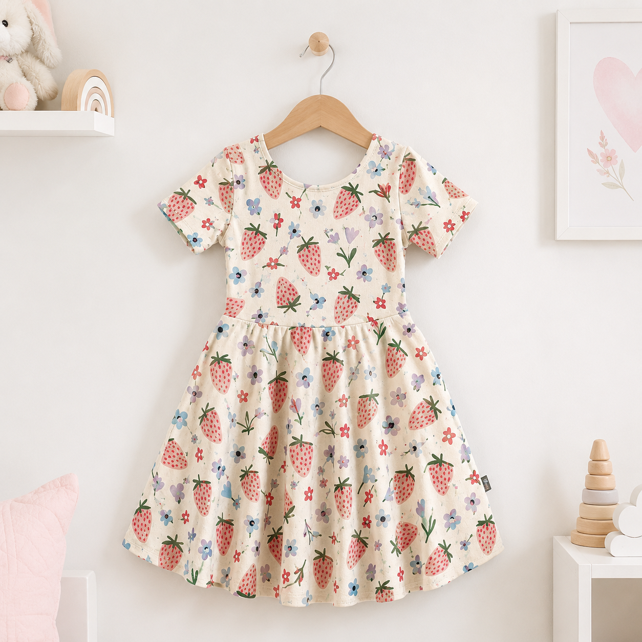 Strawberry Garden Bamboo Twirl Dress for Girls – Soft Short Sleeve Skater Dress